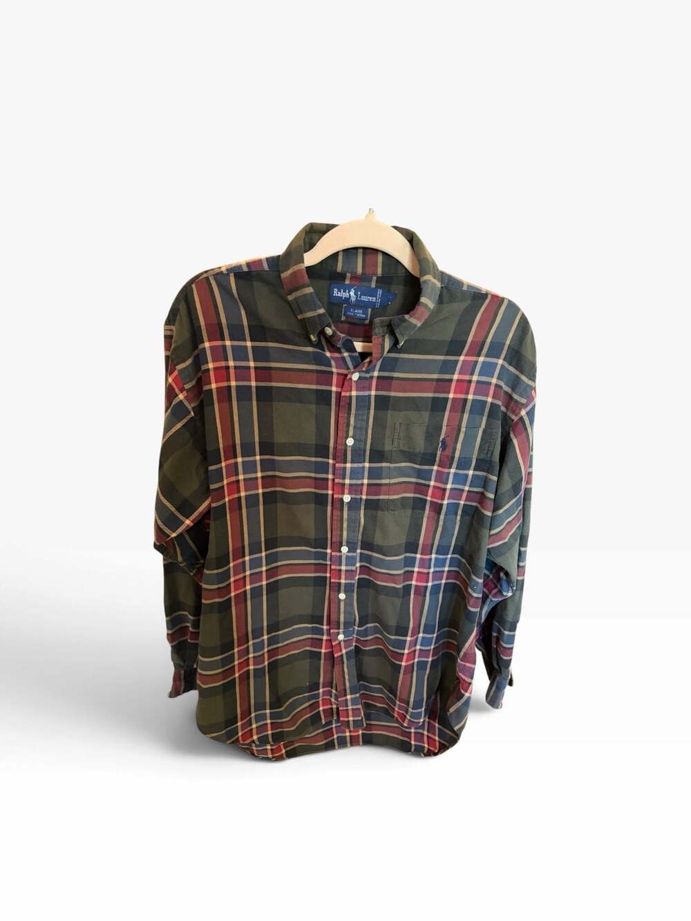 Vtg90s Polo Ralph Lauren Blaire Plaid light Flannel Shirt Mens M Olive Red Check